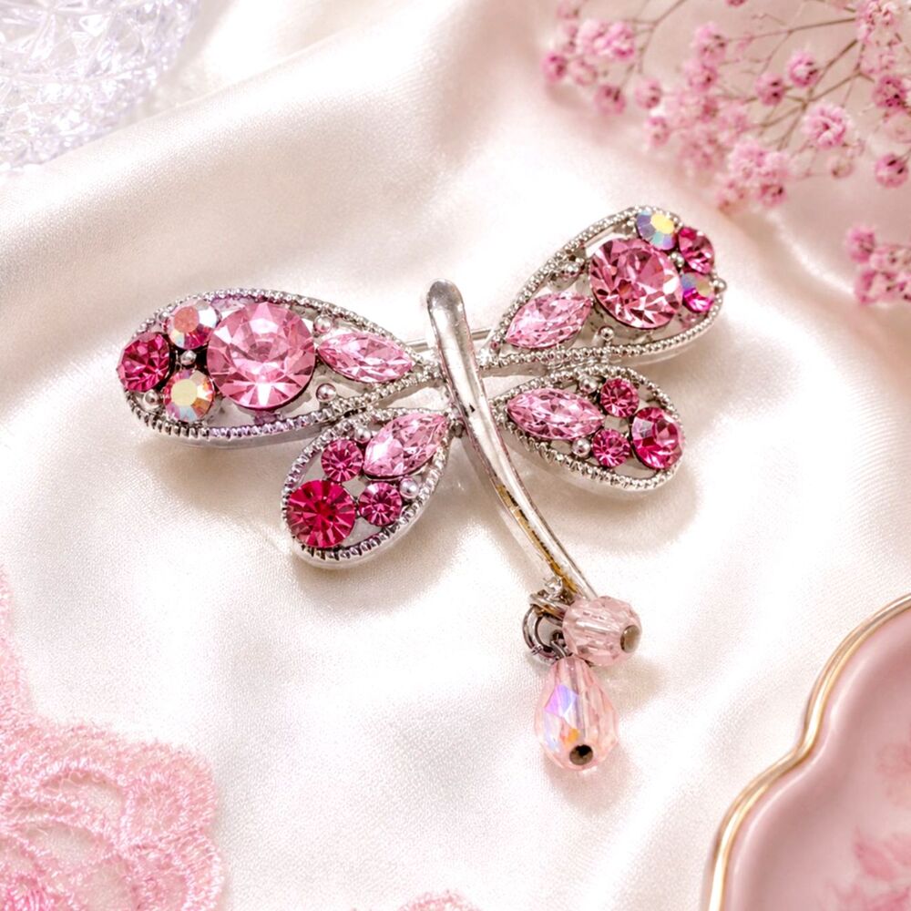 Pink Rhinestone Silver Tone Dragonfly Brooch